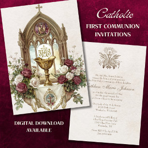 Invitación Primera ComuniónCáliz Hostia Rosas Burgundy Blanca