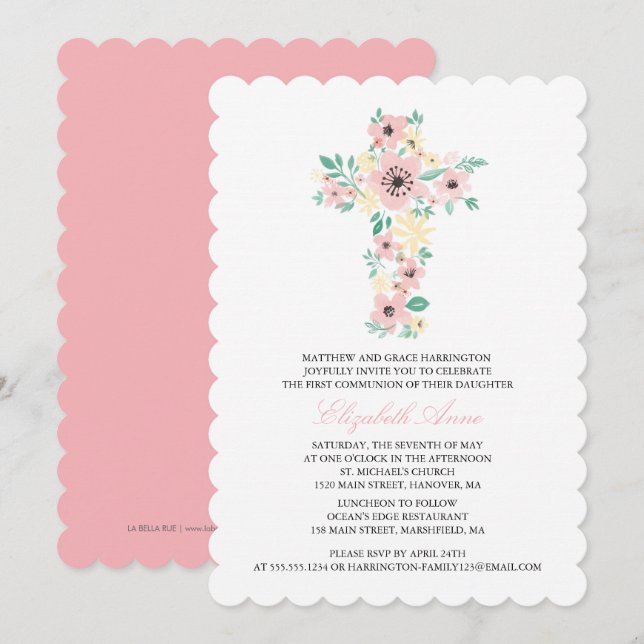 Invitación Primera Cruz de Flor de Acuarela de la Santa Comun (Anverso / Reverso)