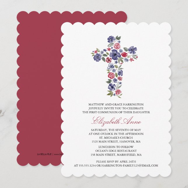 Invitación Primera Cruz de Flor de Acuarela de la Santa Comun (Anverso / Reverso)