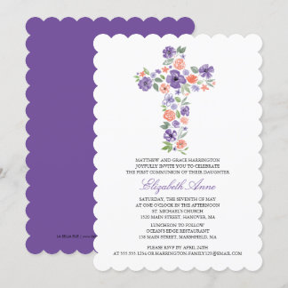 Invitación Primera cruz de flores color morado de la comunión