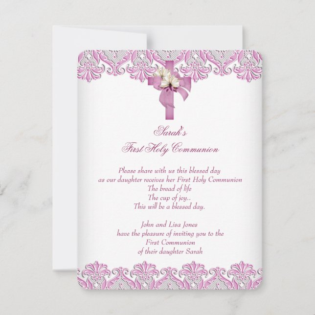 Invitación Primera Cruz de Primera Comunión Niñas Blanco Rosa (Anverso)