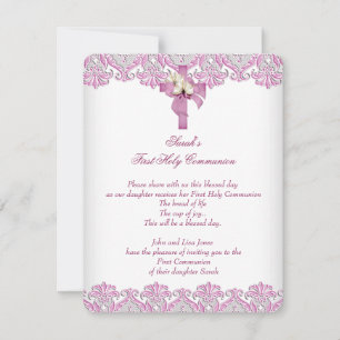 Invitación Primera Cruz de Primera Comunión Niñas Blanco Rosa
