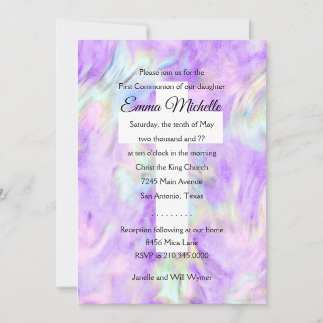 Invitación Primera cruz de tinte púrpura de comunión (Reverso)