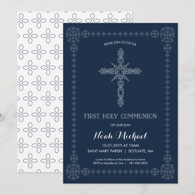 Invitación Primera cruz elegante para chicos de la Santa Comu (Anverso / Reverso)