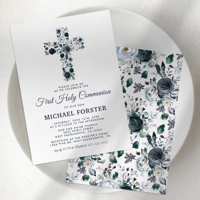 Invitación Primera cruz floral azul de niño de la Santa Comun (Subido por el creador)