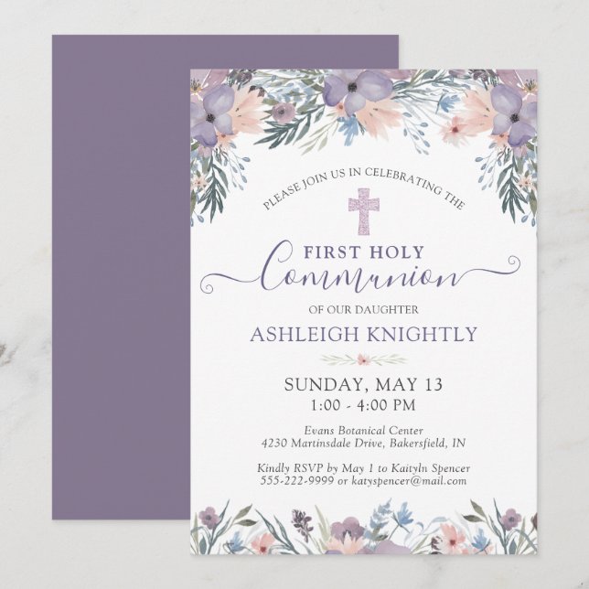 Invitación Primera Cruz Floral Púrpura de la Comunión (Anverso / Reverso)