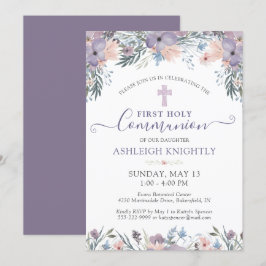 Invitación Primera Cruz Floral Púrpura de la Comunión