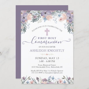 Invitación Primera Cruz Floral Púrpura de la Comunión