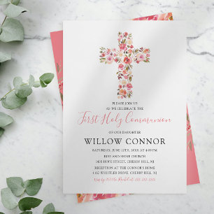 Invitación Primera Cruz Floral Rosa Chica de la Santa Comunió