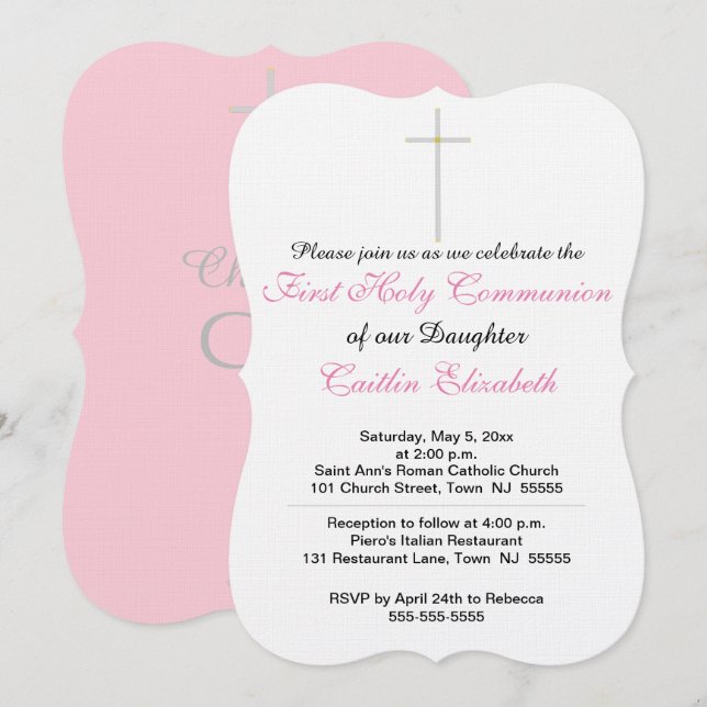 Invitación Primera cruz rosa de la comunión sagrada (Anverso / Reverso)