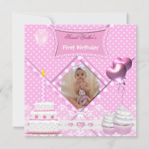 Invitación Primera Cumpleaños 1ra Niña Lugar Tarta de Cupcake