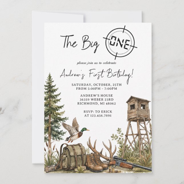 Invitación Primera Cumpleaños de Caza Personalizado (Anverso)