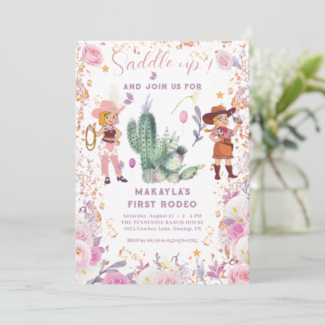 Invitación Primera cumpleaños de cowgirl occidental Floral Wa (Anverso de pie)