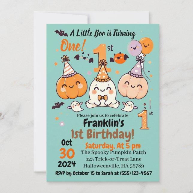 Invitación Primera Cumpleaños de Halloween Calabaza Fantasma  (Anverso)