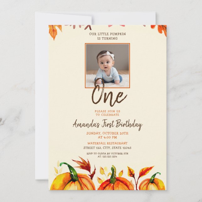 Invitación Primera cumpleaños de la bebé de la calabaza de fo (Anverso)