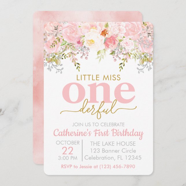 Invitación Primera cumpleaños de la Pequeña Miss OneMaravillo (Anverso / Reverso)