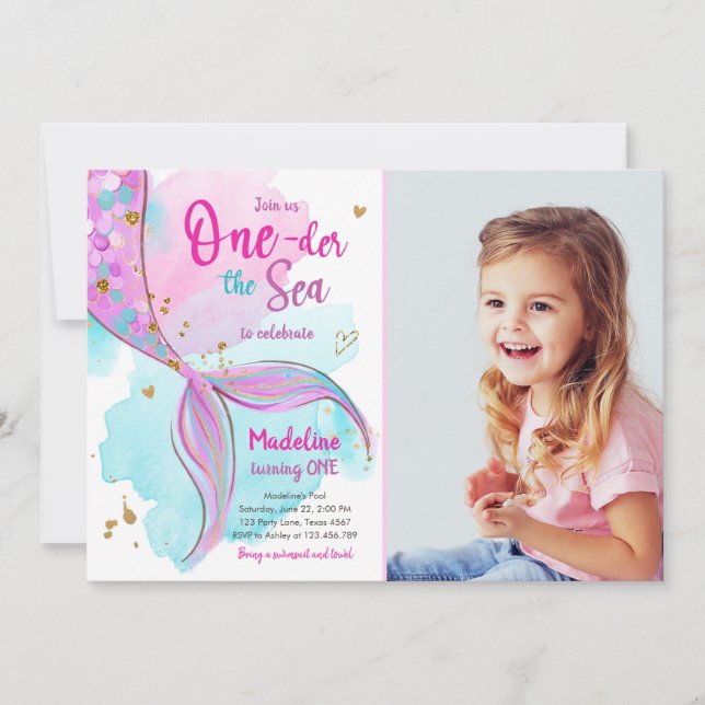 Invitación Primera cumpleaños de la sirena un Fiesta de la pi (Anverso)
