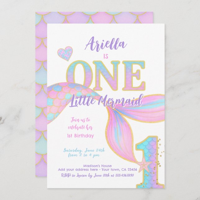 Invitación Primera Cumpleaños de la Sirenita (Anverso / Reverso)