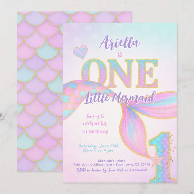 Invitación Primera Cumpleaños de la Sirenita (Anverso / Reverso)