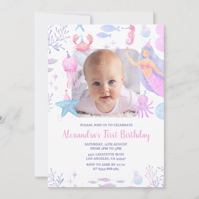 Invitación Primera Cumpleaños de la Sirenita bajo la foto del (Anverso)