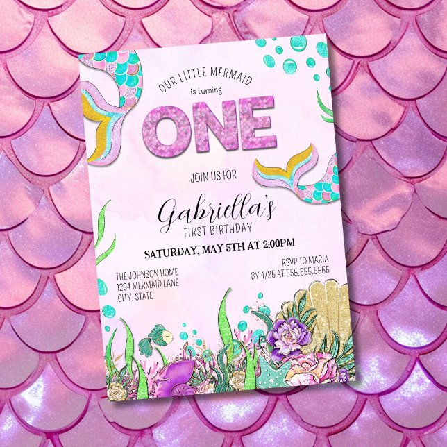 Invitación Primera Cumpleaños de la Sirenita Rosada (Subido por el creador)