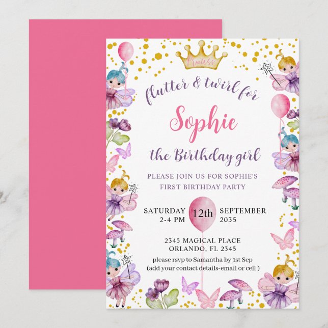 Invitación Primera Cumpleaños Hada Princesa Rosa y Oro (Anverso / Reverso)