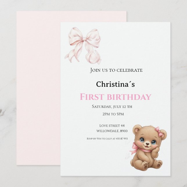 Invitación Primera cumpleaños niña (Anverso / Reverso)