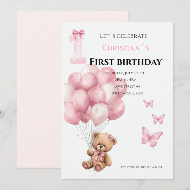 Invitación Primera cumpleaños niña (Anverso / Reverso)