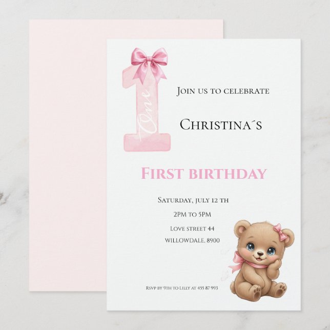 Invitación Primera cumpleaños niña (Anverso / Reverso)
