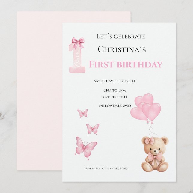Invitación Primera cumpleaños niña (Anverso / Reverso)