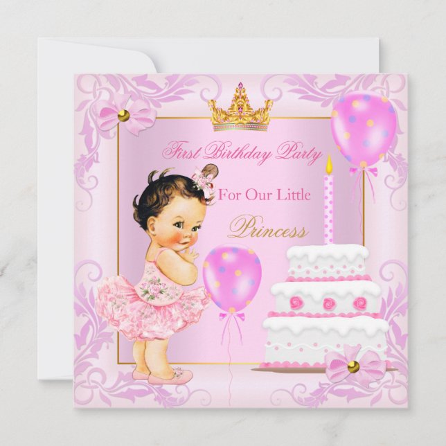 Invitación Primera Cumpleaños Princesa Tiara Niña Rosa Morena (Anverso)