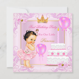 Invitación Primera Cumpleaños Princesa Tiara Niña Rosa Morena