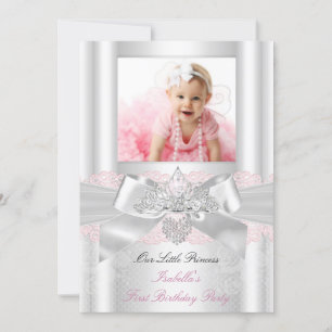 Invitación Primera Cumpleaños Rosa Blanco Encaje Diamante Tia