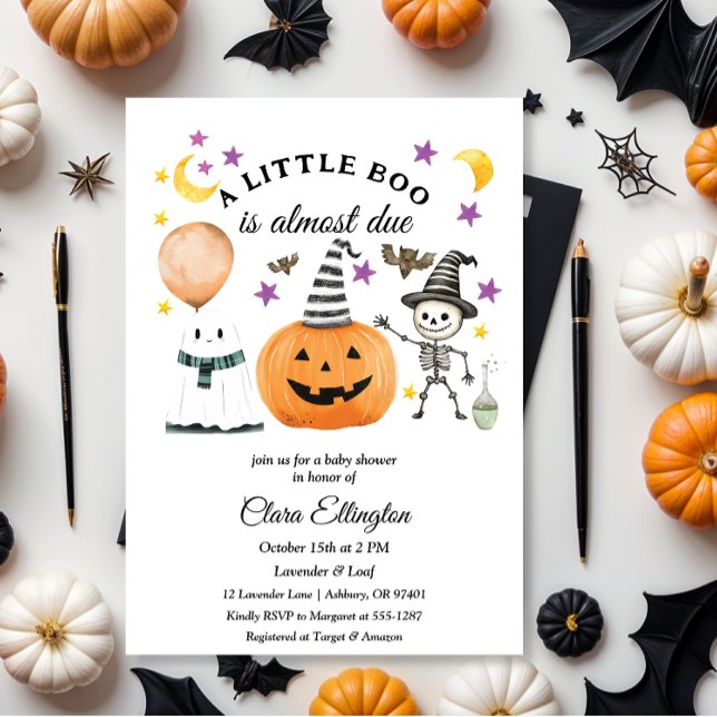 Invitación Primera ducha de bebé de Halloween en la calabaza (baby shower invitation, halloween, watercolor, pumpkin, orange, little boo is almost due)