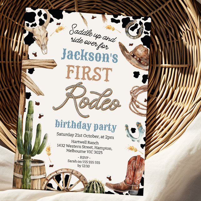 Invitación Primera edición de Rodeo Occidental de Cracovia Ru (Editable Boys 1st Rodeo Birthday Party Cowboy Birthday Party Invitation Wild West Cowboy )