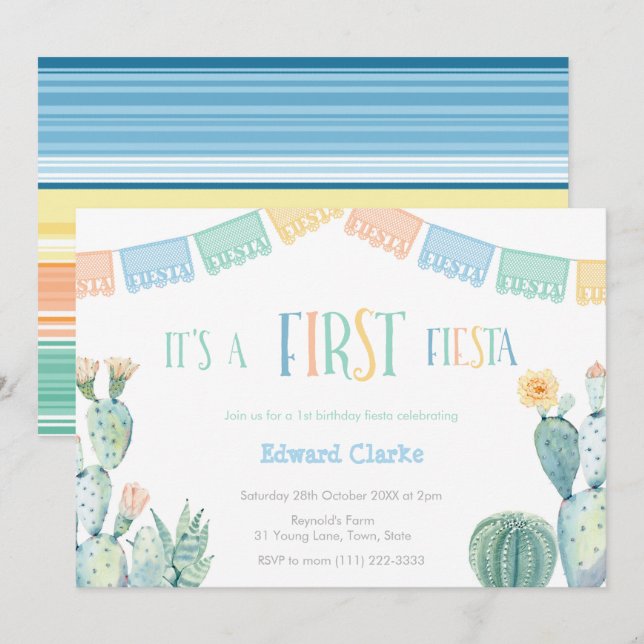 Invitación Primera Fiesta Cactus Amarillo Azul Cumpleaños 1 (Anverso / Reverso)