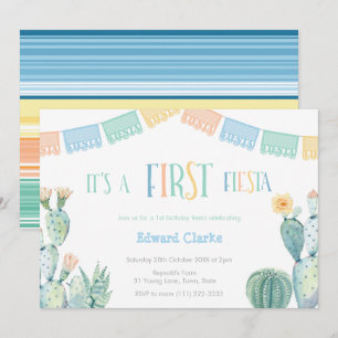 Invitación Primera Fiesta Cactus Azul Amarillo Primer Fiesta 