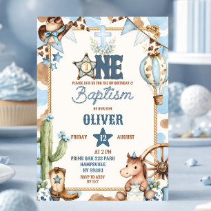 Invitación Primera fiesta de bautizo y rodeo de vaquero azul