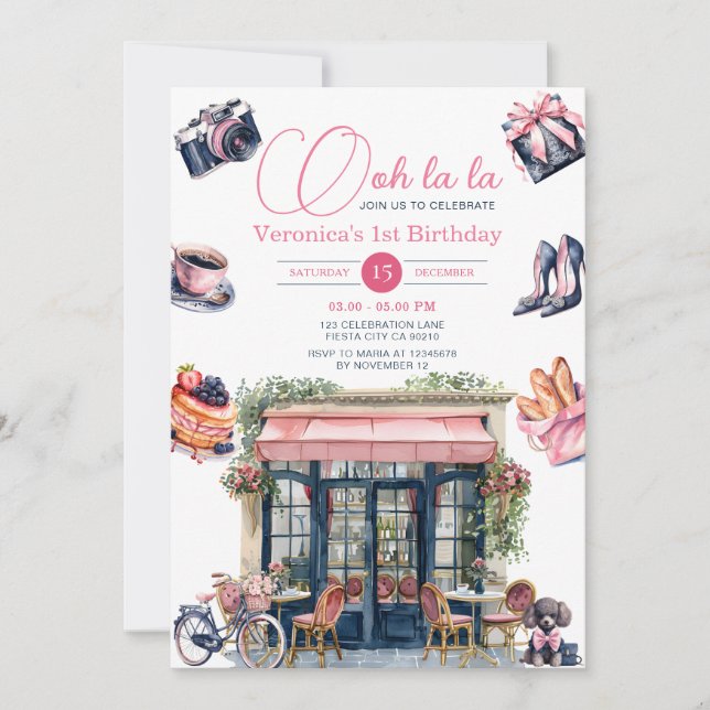 Invitación Primera fiesta de cumpleaños Chica de la pastelerí (Anverso)