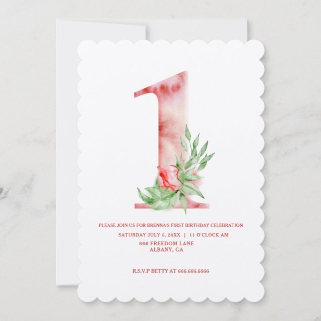 Invitación Primera fiesta de cumpleaños de arte floral infant (Anverso)