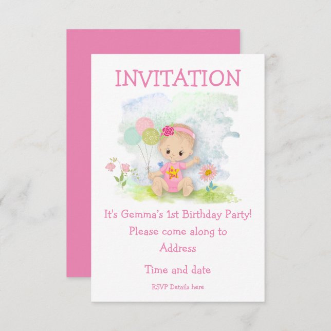 Invitación Primera fiesta de cumpleaños de Baby Girl Pink (Anverso / Reverso)