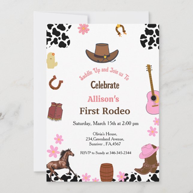 Invitación Primera fiesta de cumpleaños de cowgirl de Rodeo (Anverso)