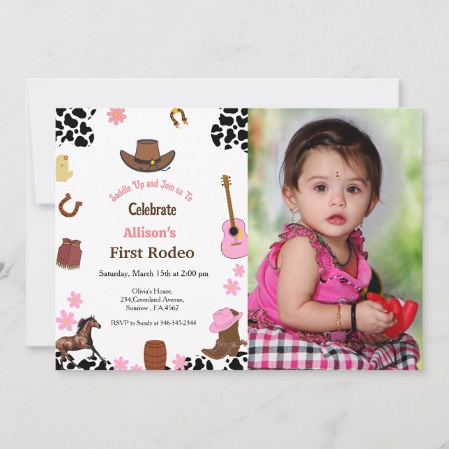 Invitación Primera fiesta de cumpleaños de cowgirl de Rodeo (Anverso)