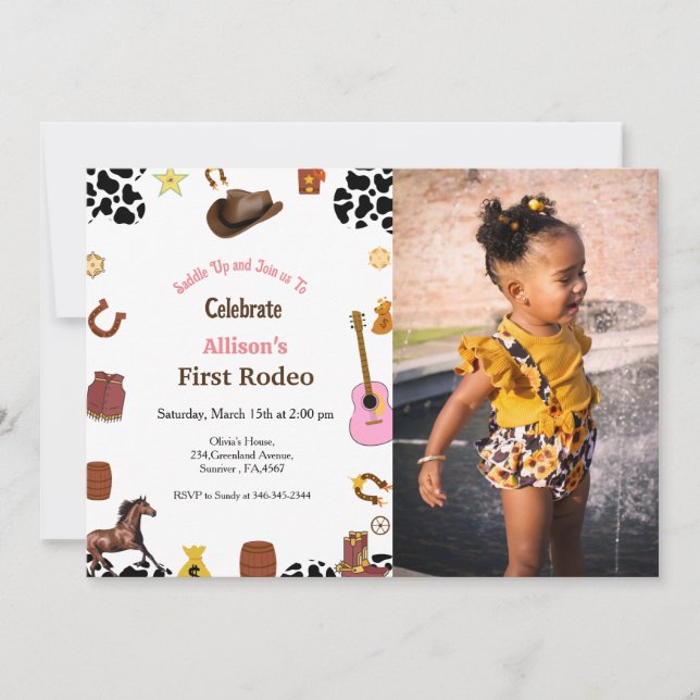 Invitación Primera fiesta de cumpleaños de cowgirl de Rodeo (Anverso)