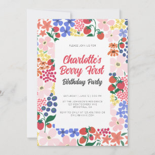 Invitación Primera fiesta de cumpleaños de fresa brillante y