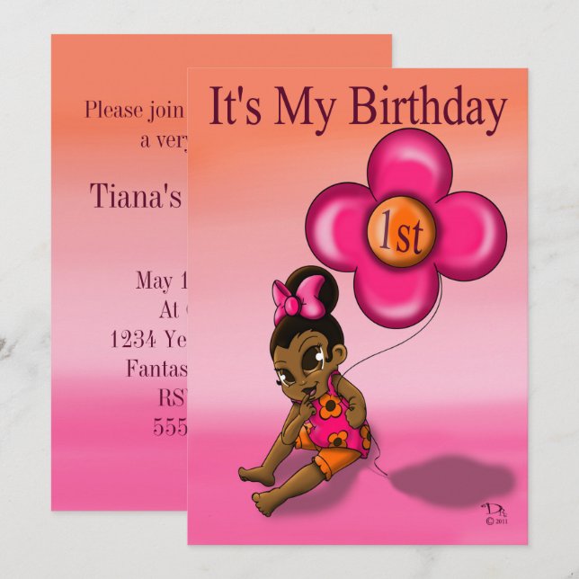 Invitación Primera fiesta de cumpleaños de la bebé afroameric (Anverso / Reverso)