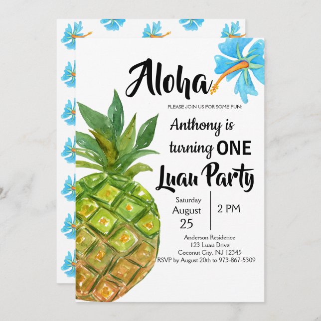Invitación Primera fiesta de cumpleaños de la piña tropical (Anverso / Reverso)