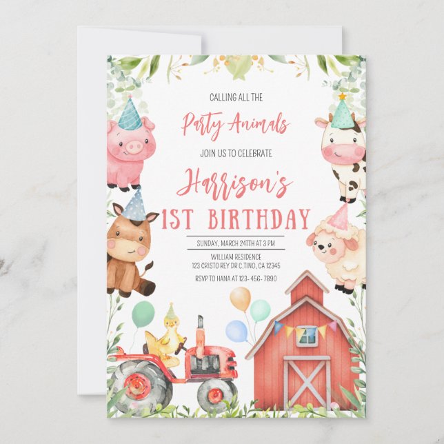 Invitación Primera fiesta de cumpleaños de los animales de gr (Anverso)
