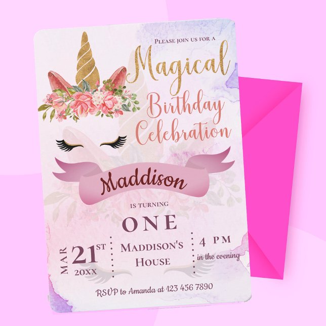 Invitación Primera fiesta de cumpleaños de los niños con flor (Unicorn Pastel Floral Kids First Birthday Party Invitation)