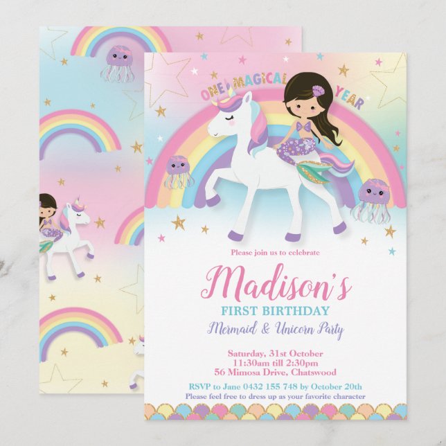 Invitación Primera fiesta de cumpleaños de Mermaid Unicorn (Anverso / Reverso)